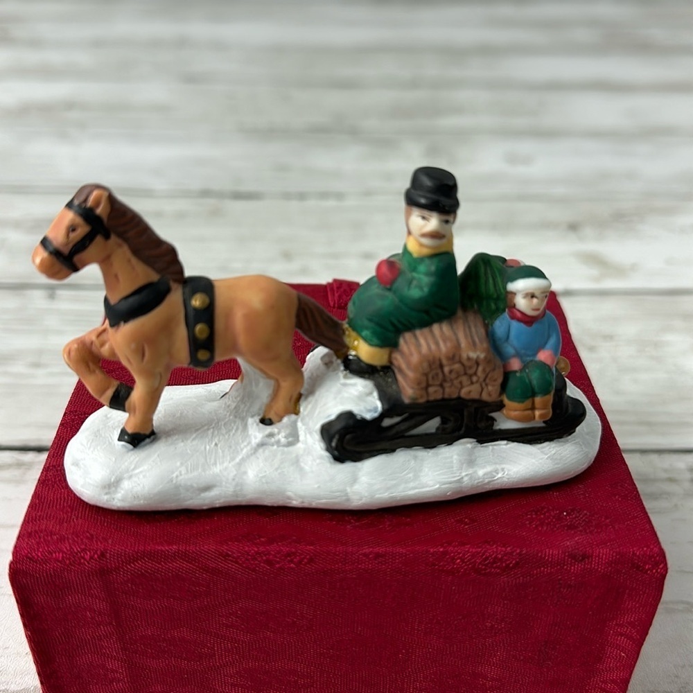 CHRISTMAS VILLAGE FIGURE man boy girl horse sleigh wood Read